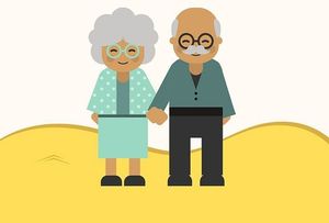 Animacja przedstawiająca babcię i dziadka trzymających się za ręce.